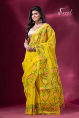 Yellow with multi colour floral border handwoven muslin jamdani saree