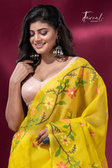 Yellow with multi colour floral border handwoven muslin jamdani saree