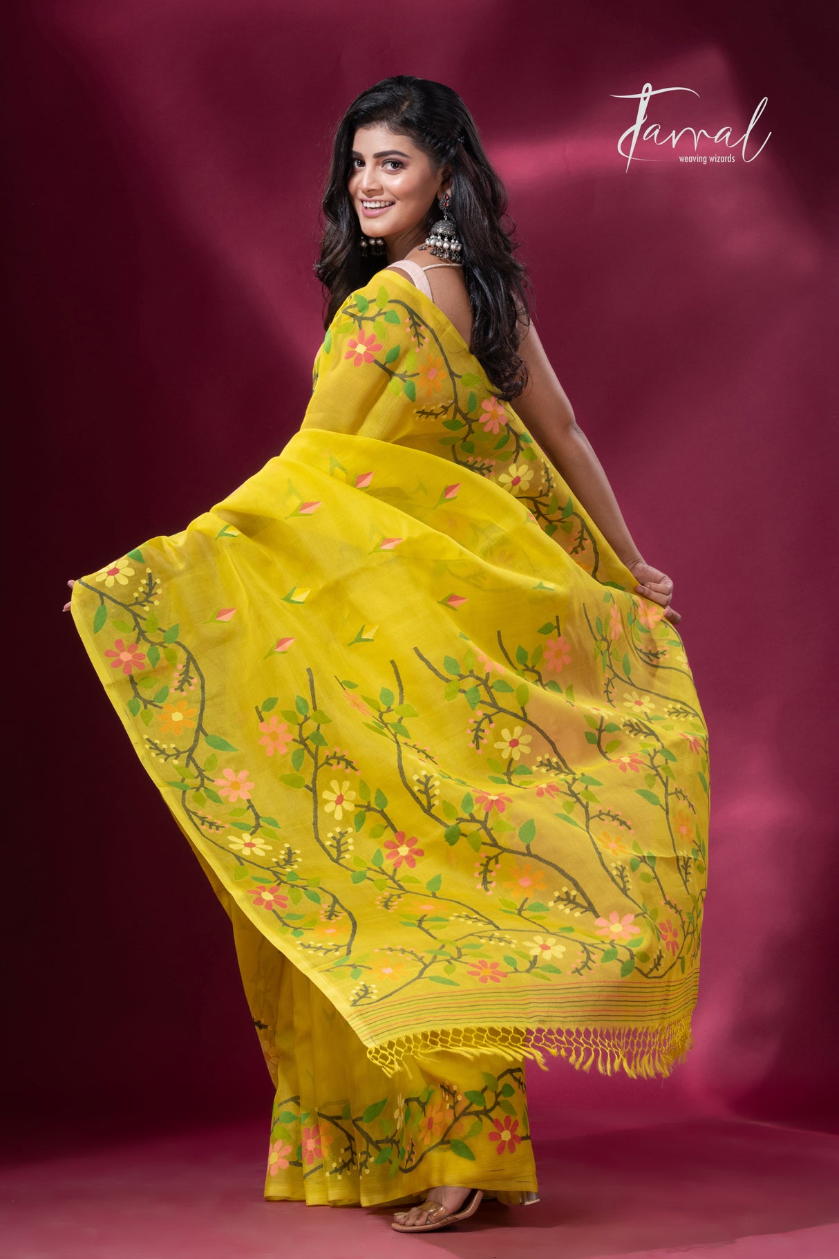 Yellow with multi colour floral border handwoven muslin jamdani saree