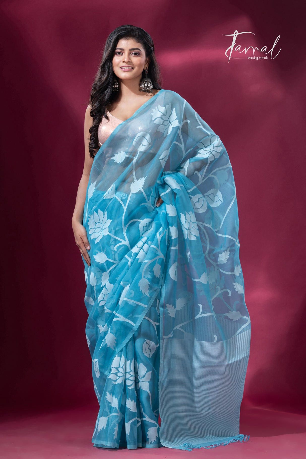 Sky blue with white allover rose motifs handwoven jamdani saree