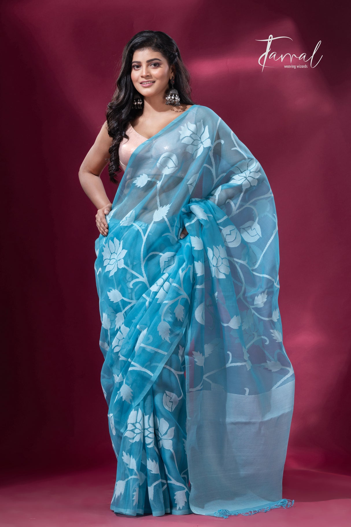 Sky blue with white allover rose motifs handwoven jamdani saree