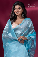 Sky blue with white allover rose motifs handwoven jamdani saree