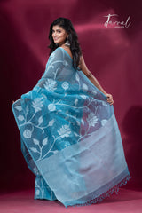 Sky blue with white allover rose motifs handwoven jamdani saree