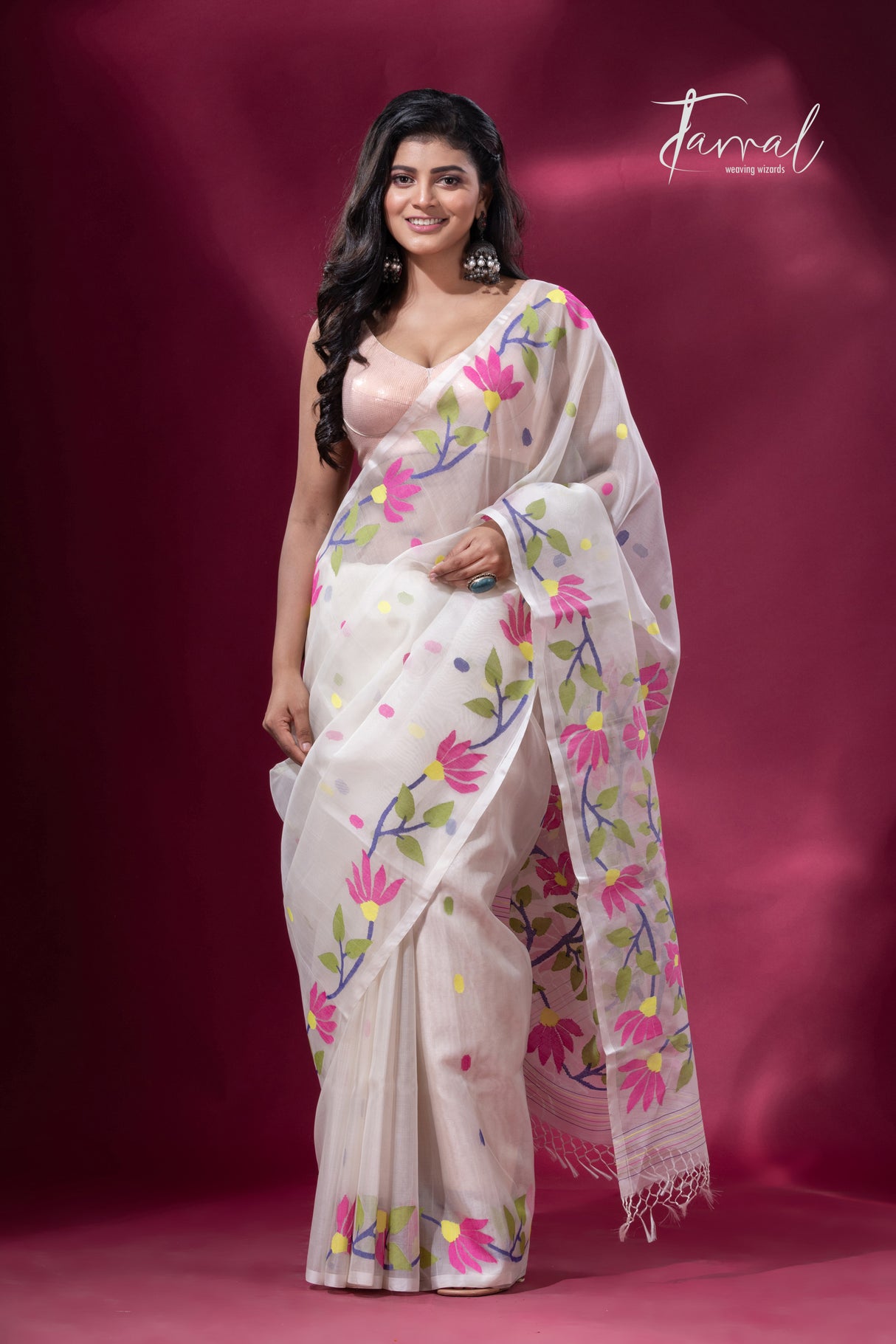 White with pink water lily floral border handwoven muslin jamdani saree