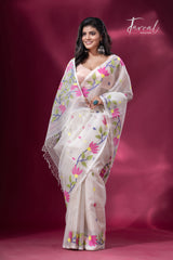 White with pink water lily floral border handwoven muslin jamdani saree