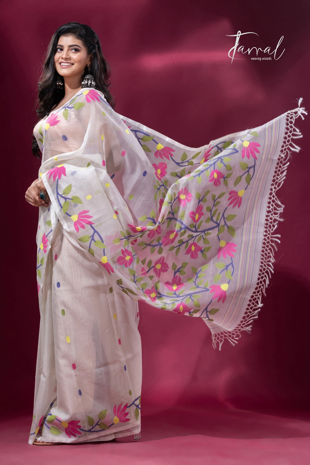 White with pink water lily floral border handwoven muslin jamdani saree