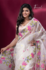 White with pink water lily floral border handwoven muslin jamdani saree