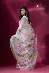 White with pink water lily floral border handwoven muslin jamdani saree