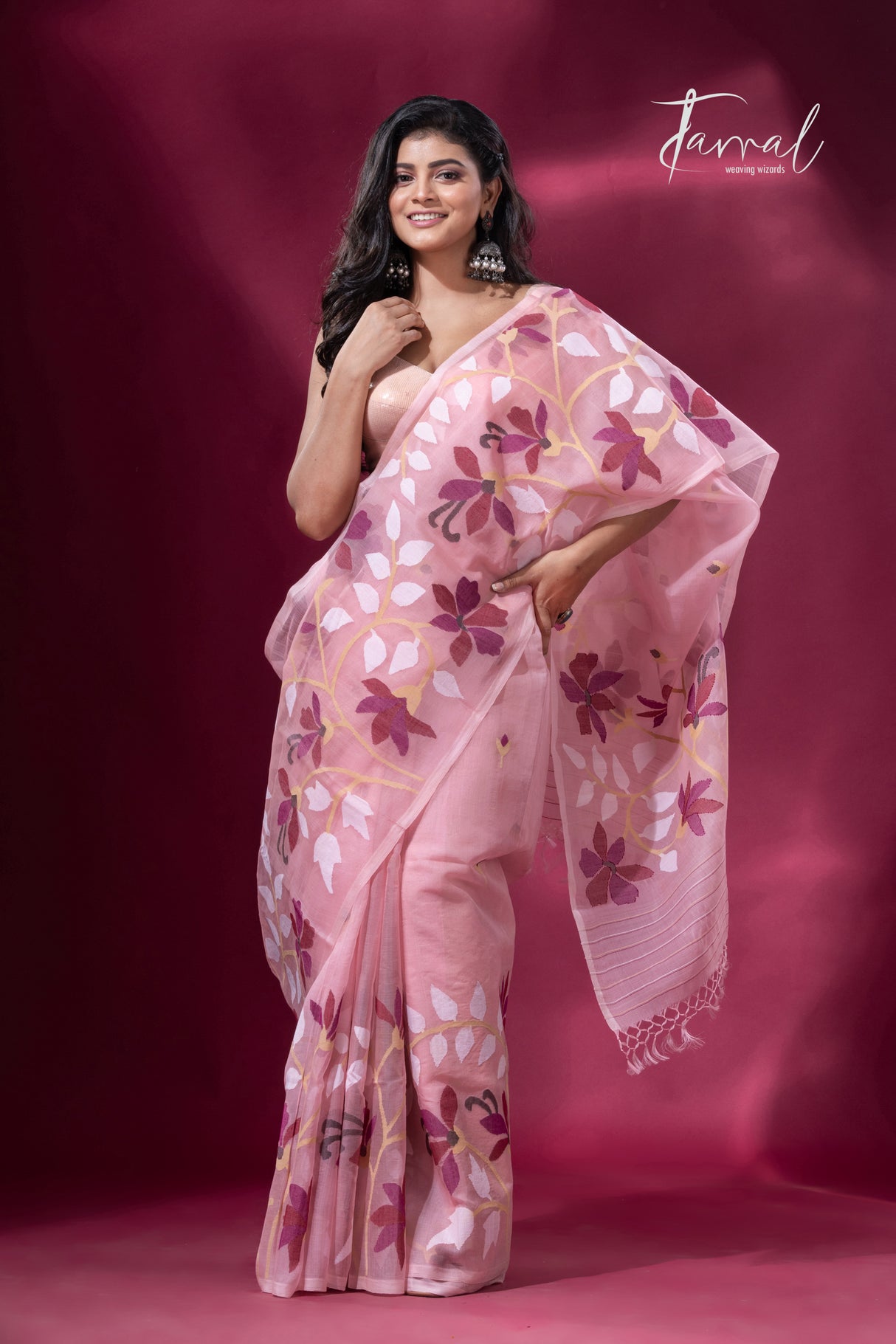 Deep Dust Pink with maroon wide floral border muslin silk handwoven jamdani saree