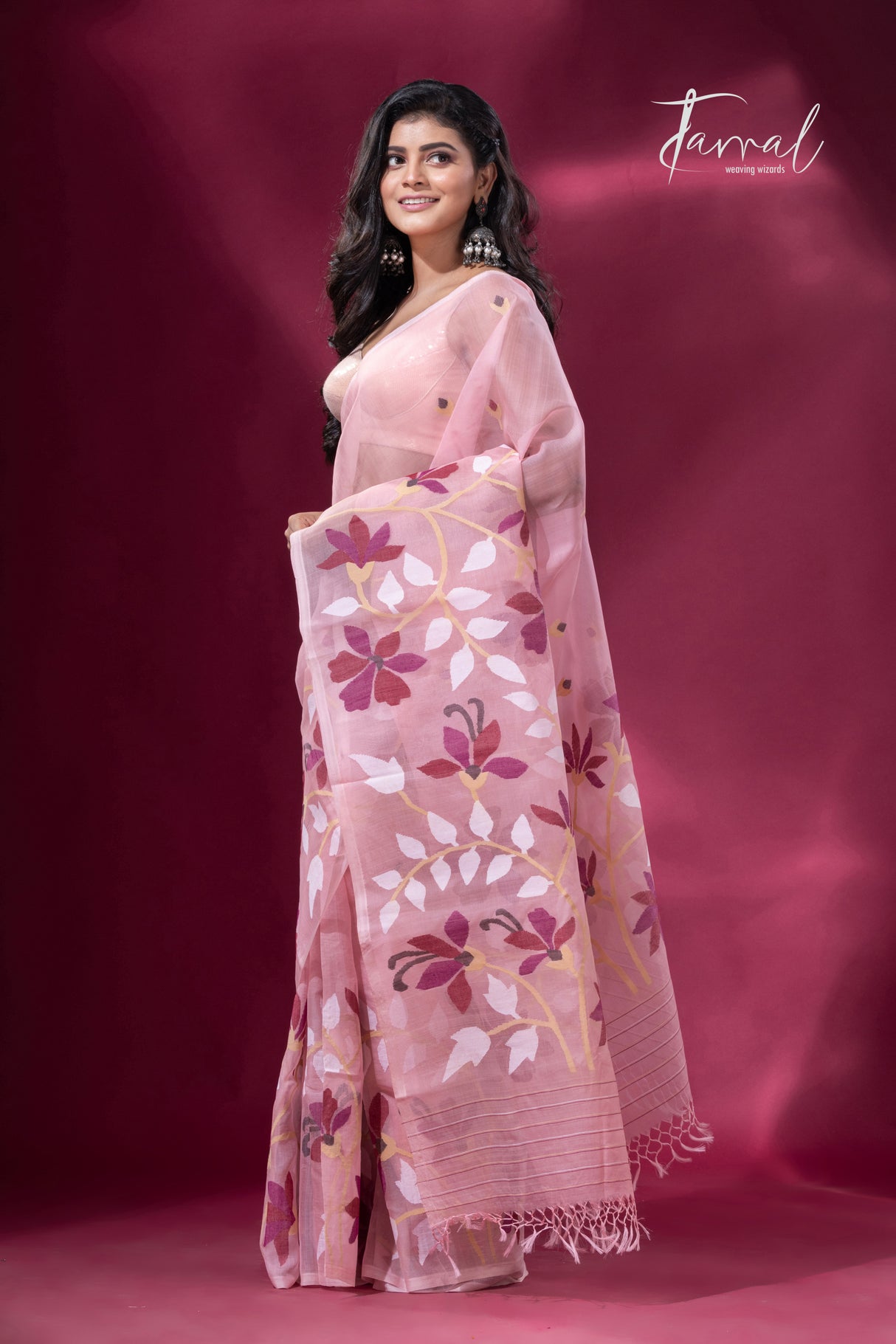 Deep Dust Pink with maroon wide floral border muslin silk handwoven jamdani saree