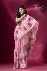 Deep Dust Pink with maroon wide floral border muslin silk handwoven jamdani saree