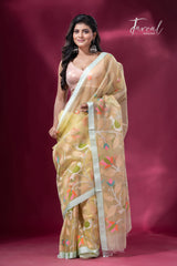 Light lemon yellow birds with floral motifs border pure organza silk handwoven jamdani saree