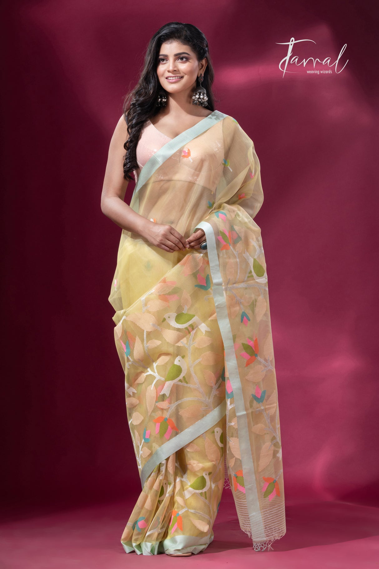 Light lemon yellow birds with floral motifs border pure organza silk handwoven jamdani saree