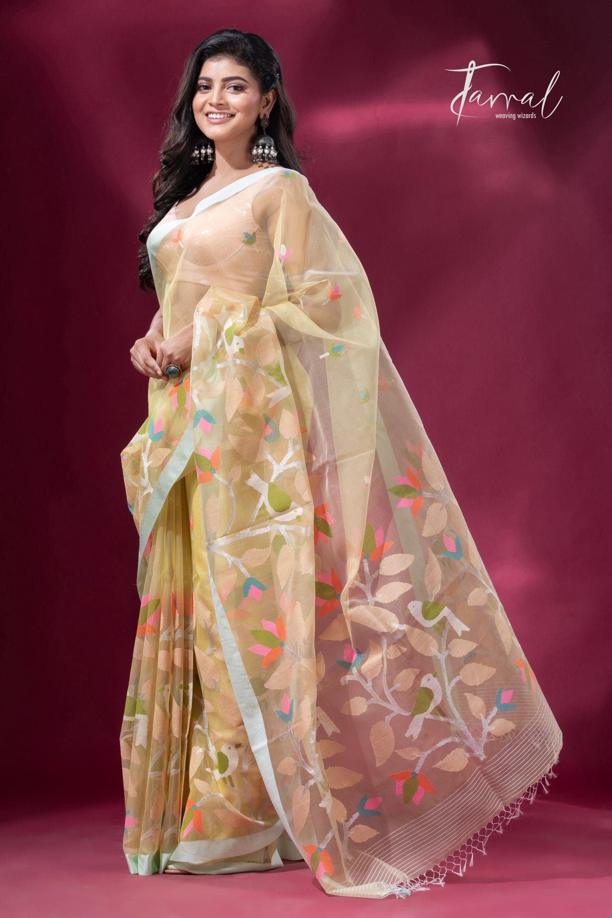 Light lemon yellow birds with floral motifs border pure organza silk handwoven jamdani saree