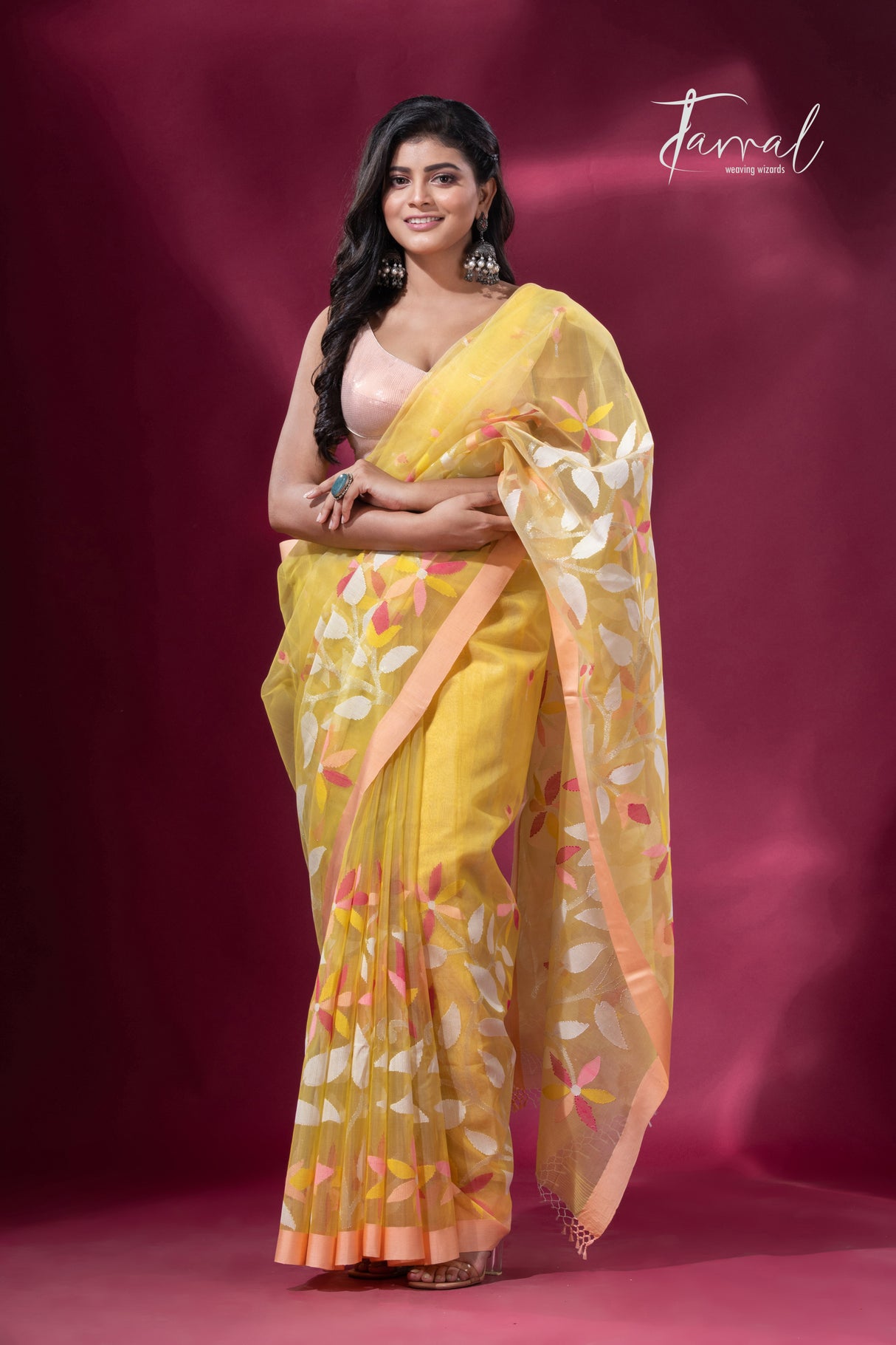 Light yellow with peach border floral handwoven pure organza muslin silk handwoven jamdani saree