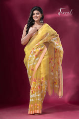 Light yellow with peach border floral handwoven pure organza muslin silk handwoven jamdani saree