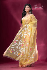 Light yellow with peach border floral handwoven pure organza muslin silk handwoven jamdani saree