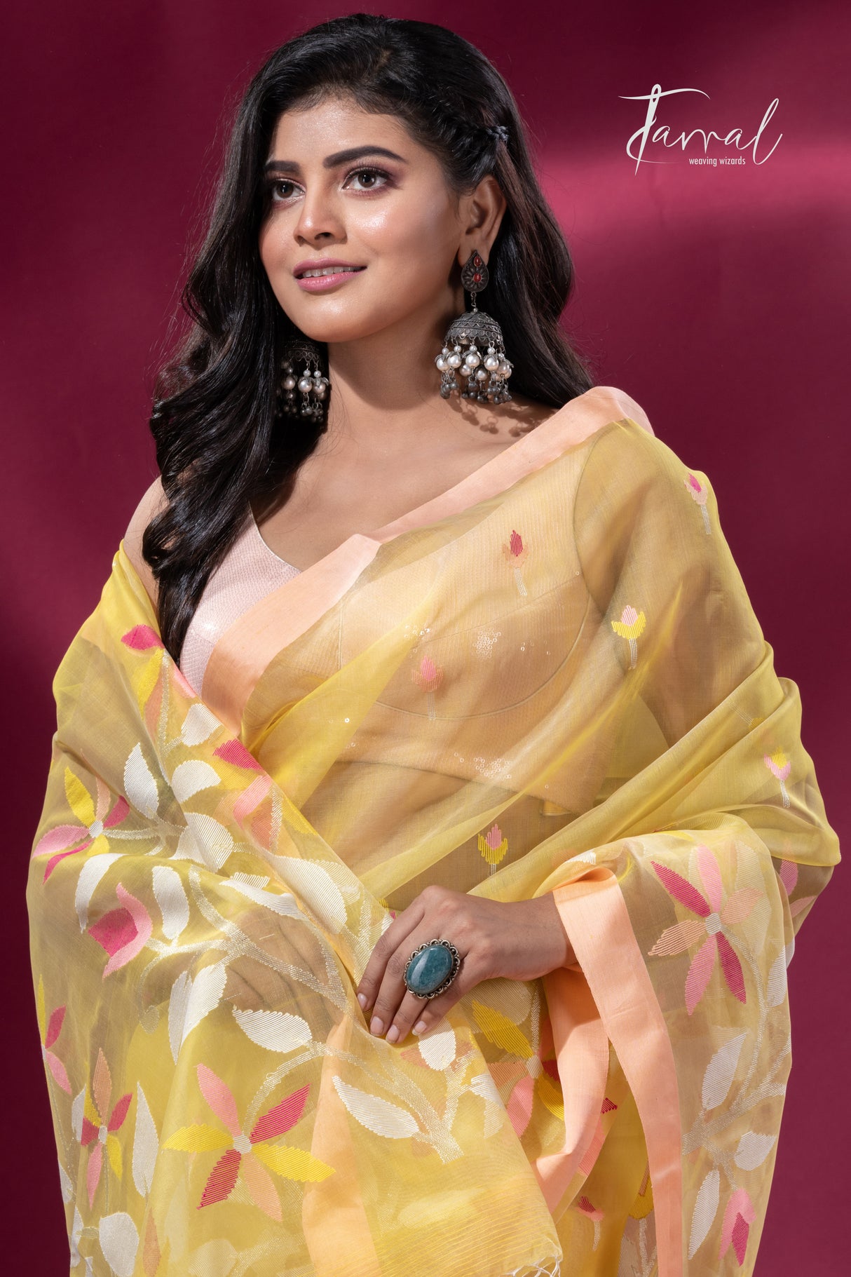 Light yellow with peach border floral handwoven pure organza muslin silk handwoven jamdani saree