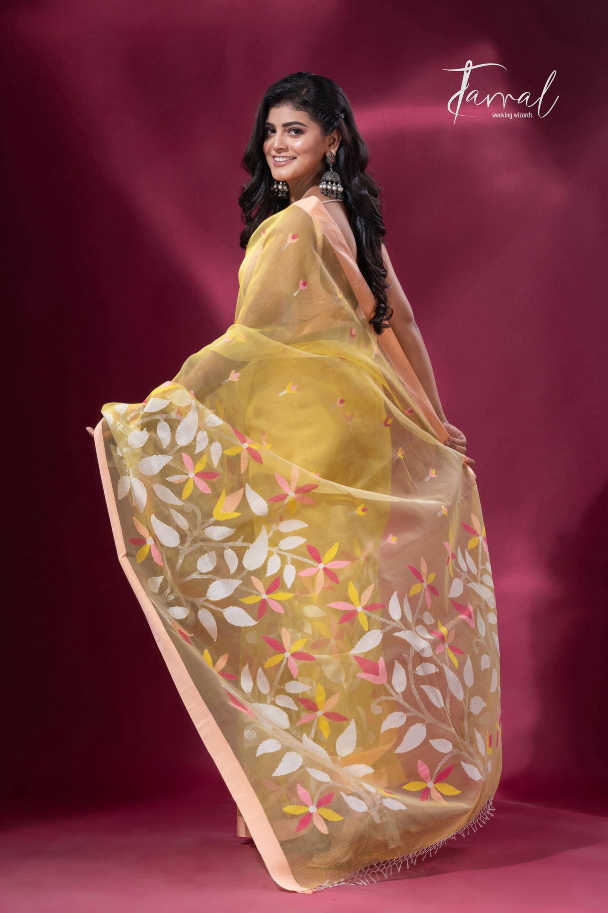 Light yellow with peach border floral handwoven pure organza muslin silk handwoven jamdani saree