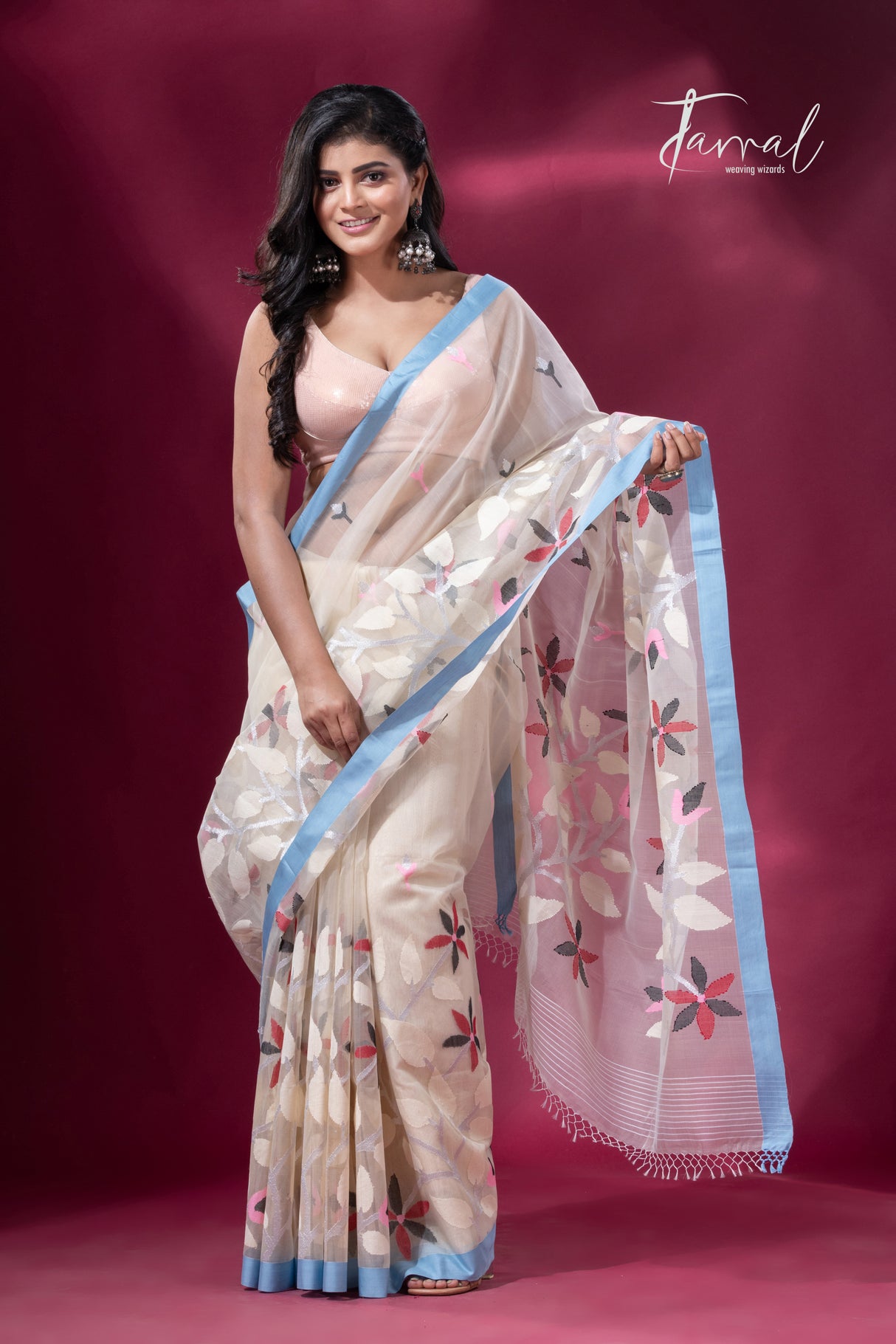 Light cream with sky blue border floral motifs pure organza muslin silk handwoven jamdani saree