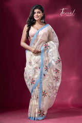 Light cream with sky blue border floral motifs pure organza muslin silk handwoven jamdani saree