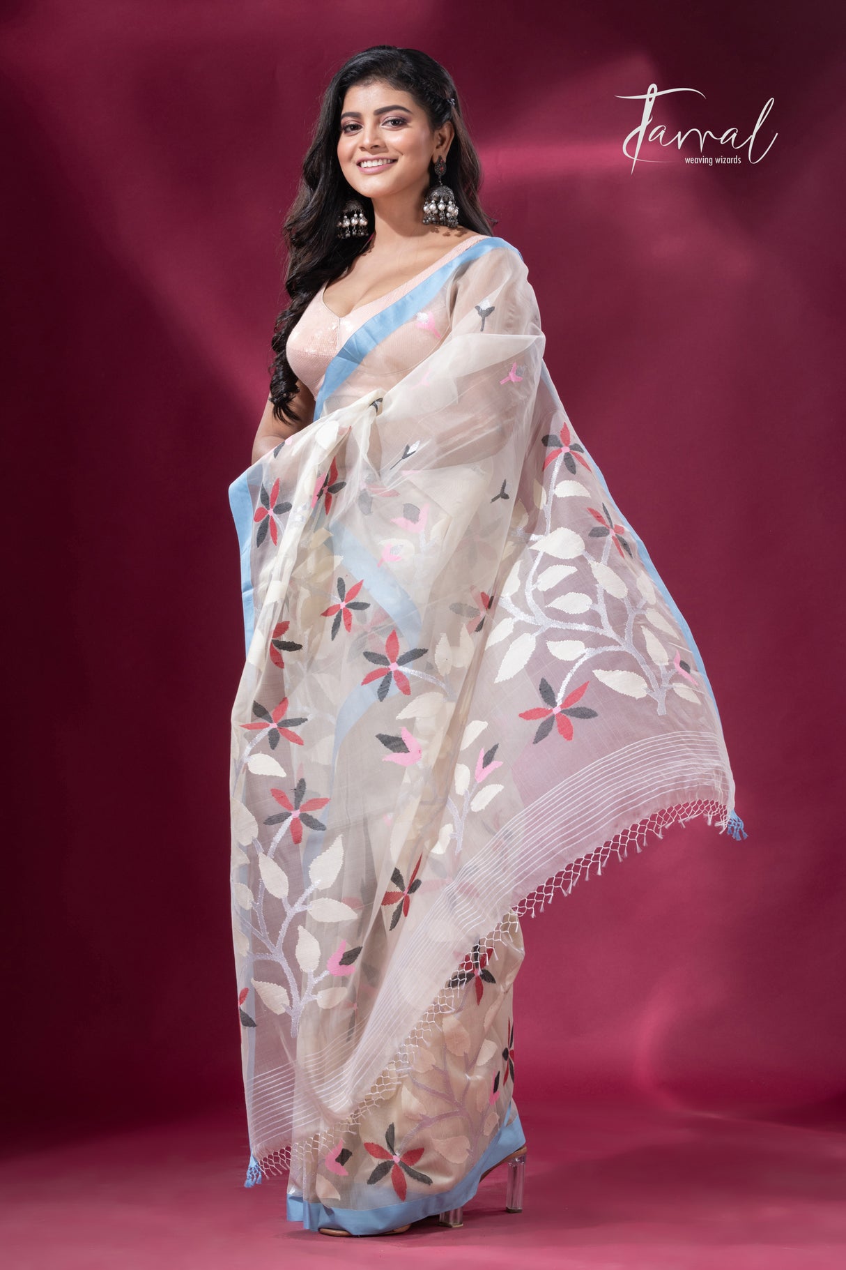 Light cream with sky blue border floral motifs pure organza muslin silk handwoven jamdani saree