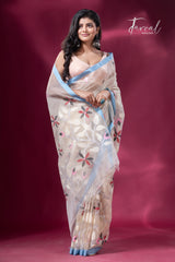 Light cream with sky blue border floral motifs pure organza muslin silk handwoven jamdani saree