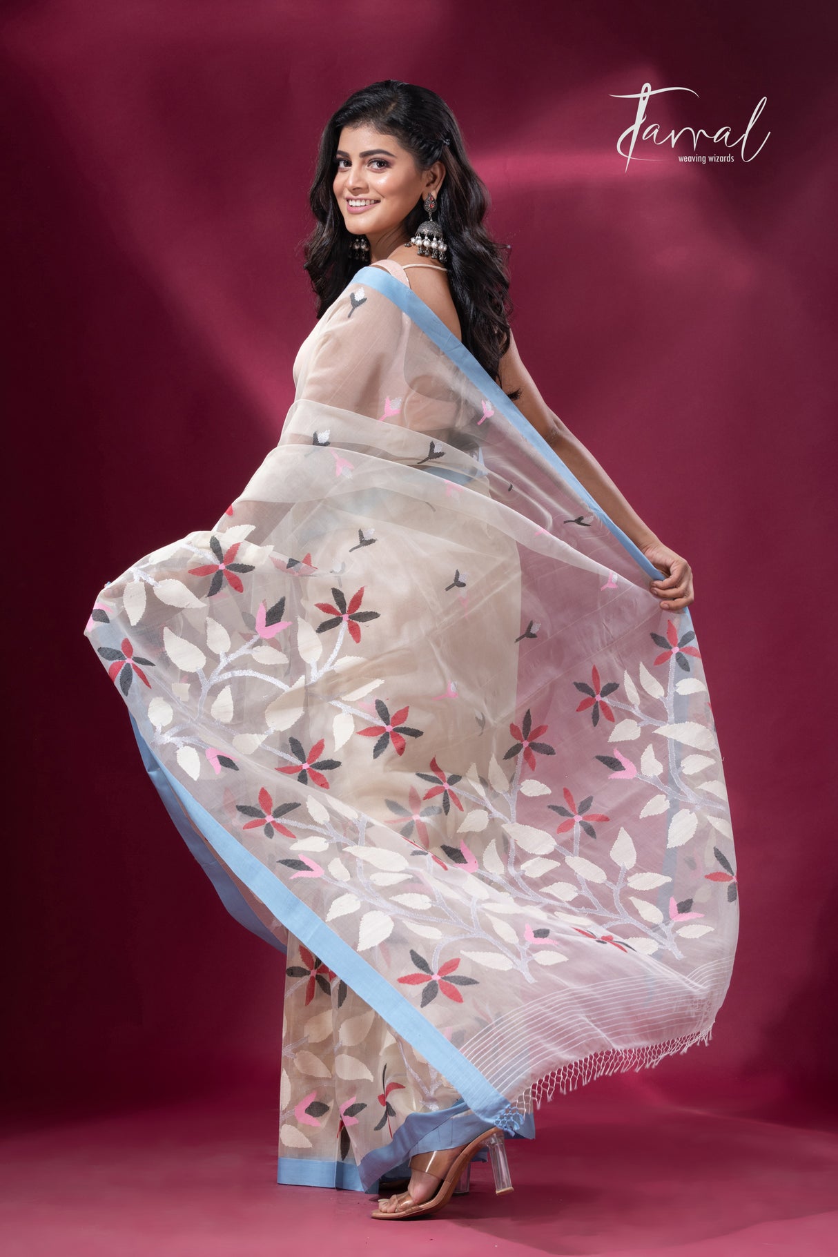 Light cream with sky blue border floral motifs pure organza muslin silk handwoven jamdani saree