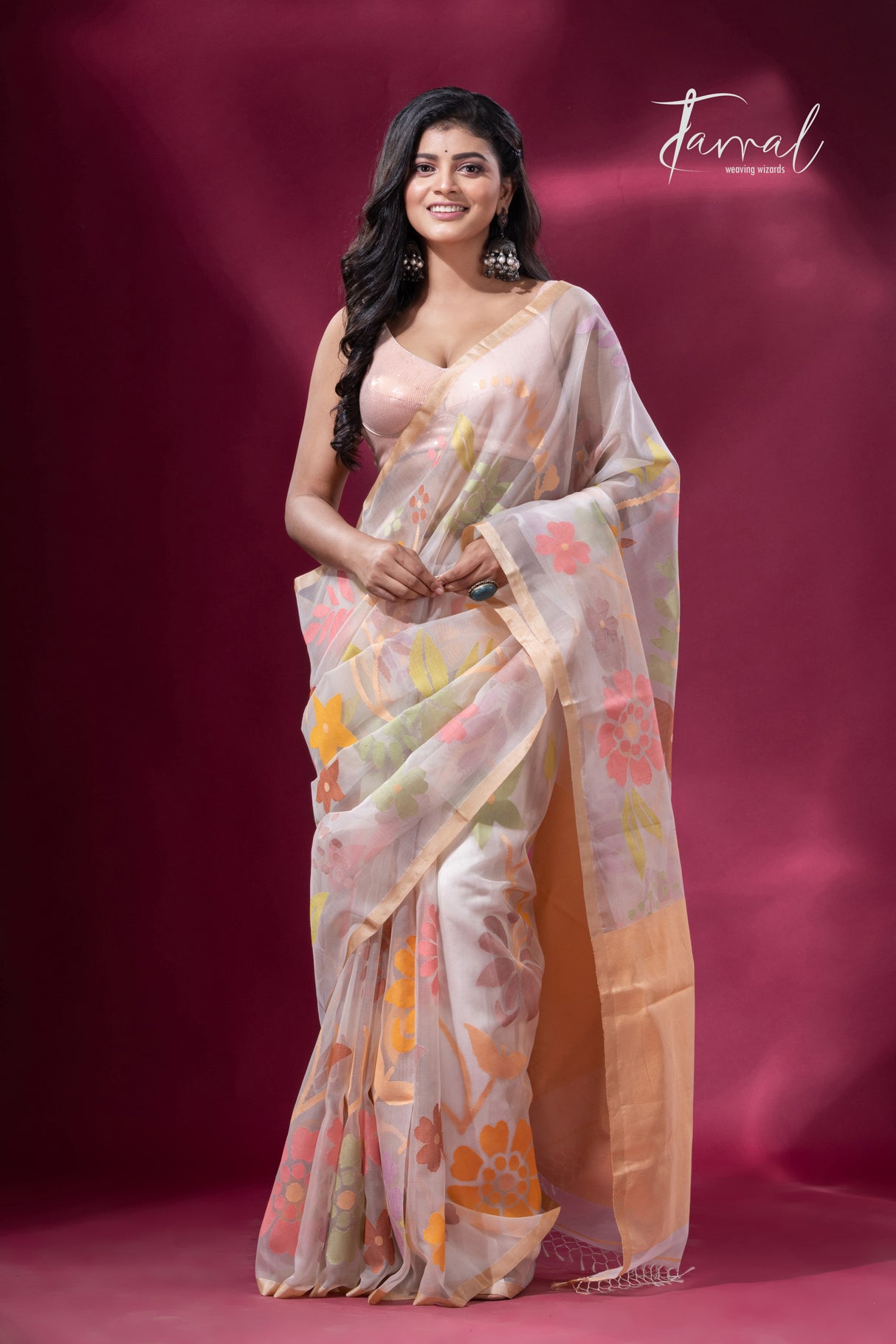 Offwhite with Tussar border muslin silk allover floral handwoven jamdani saree