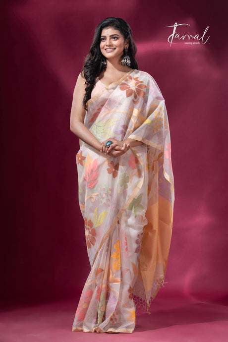 Offwhite with Tussar border muslin silk allover floral handwoven jamdani saree