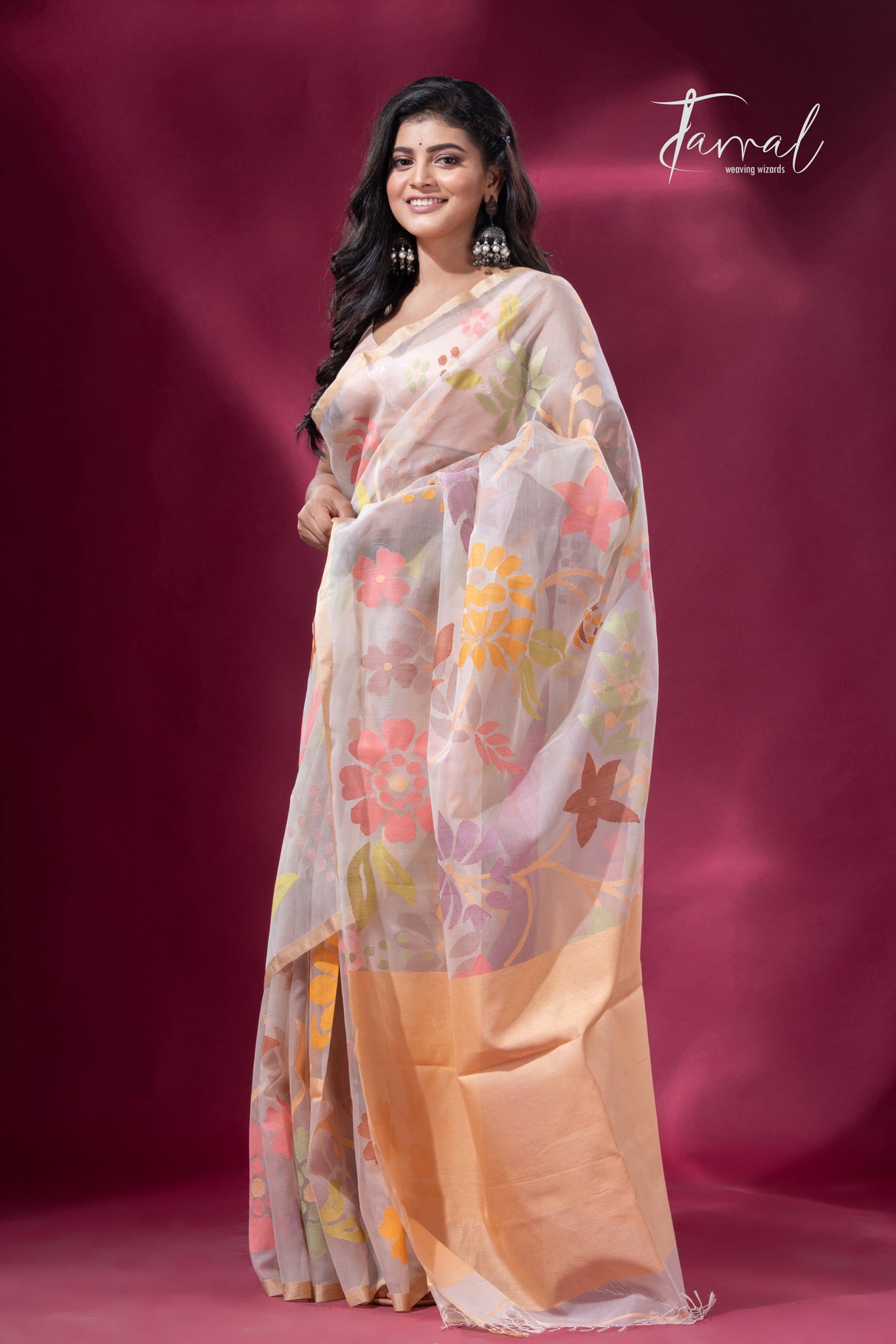 Offwhite with Tussar border muslin silk allover floral handwoven jamdani saree