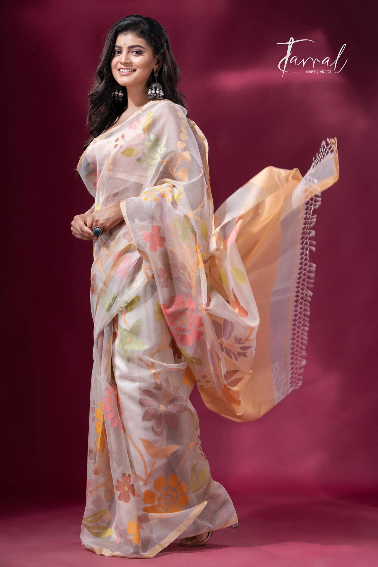 Offwhite with Tussar border muslin silk allover floral handwoven jamdani saree