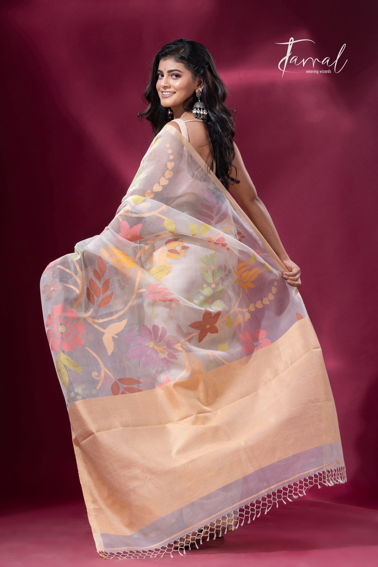 Offwhite with Tussar border muslin silk allover floral handwoven jamdani saree