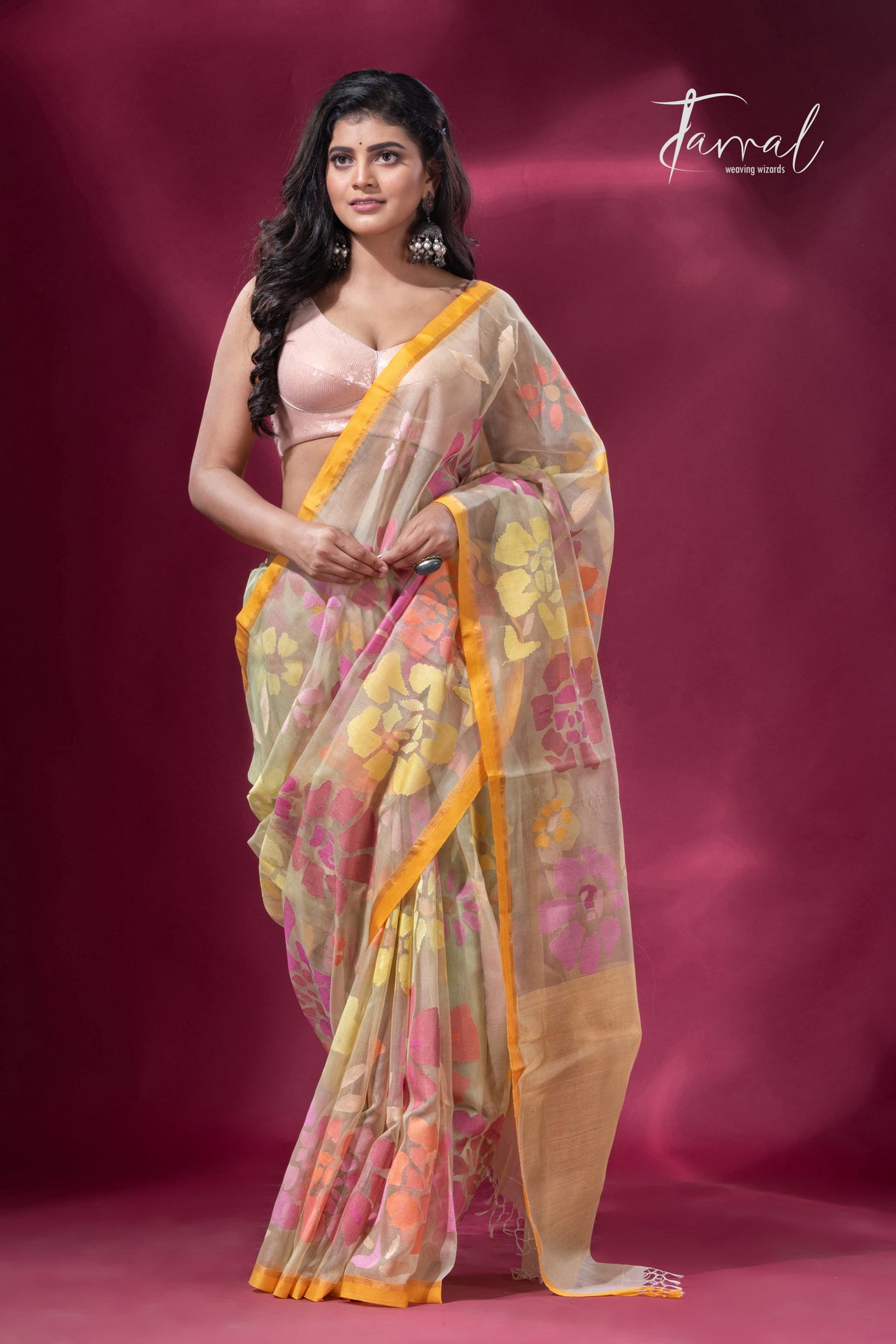 Light yellowish grey with yellow border allover floral motifs handwoven jamdani saree