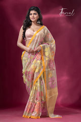 Light yellowish grey with yellow border allover floral motifs handwoven jamdani saree