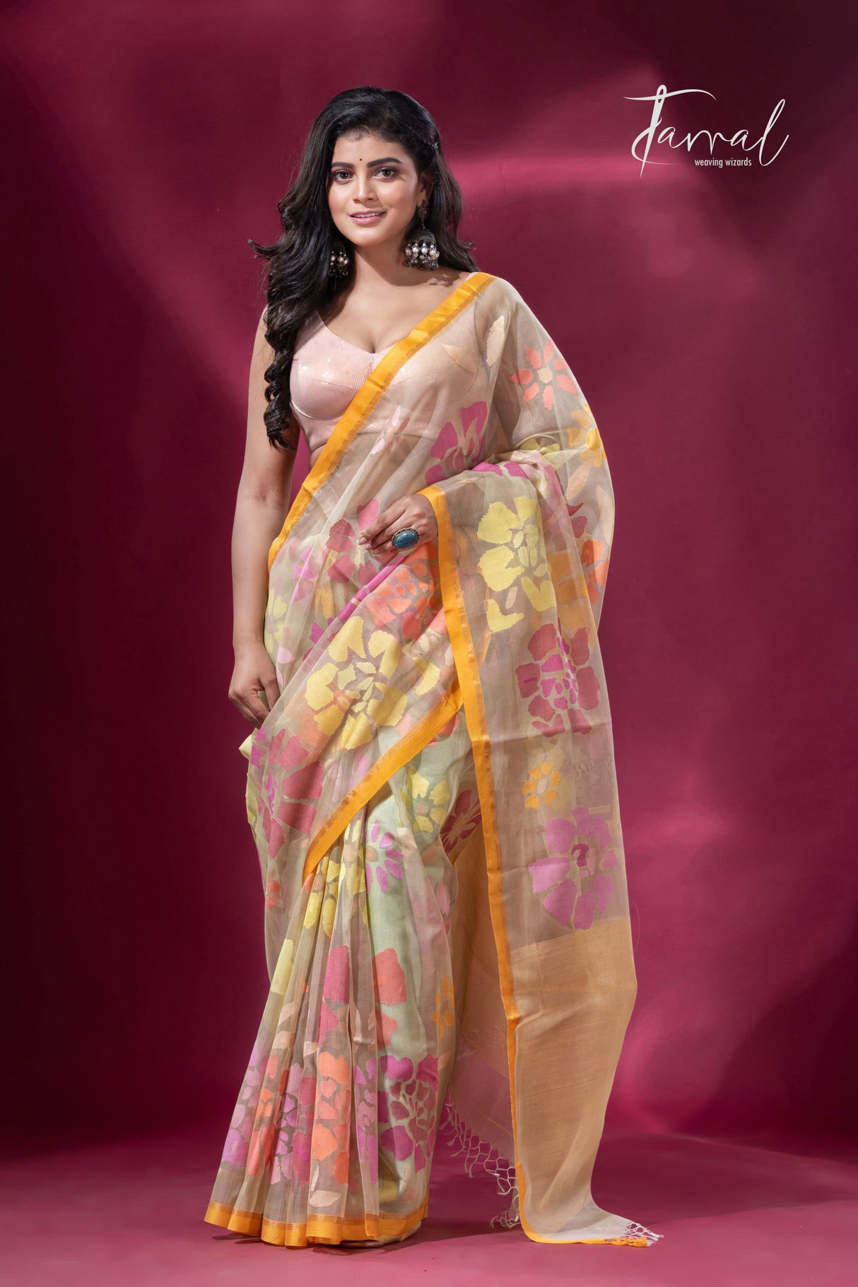 Light yellowish grey with yellow border allover floral motifs handwoven jamdani saree