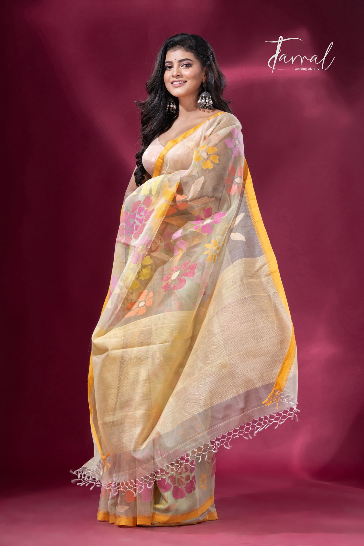 Light yellowish grey with yellow border allover floral motifs handwoven jamdani saree