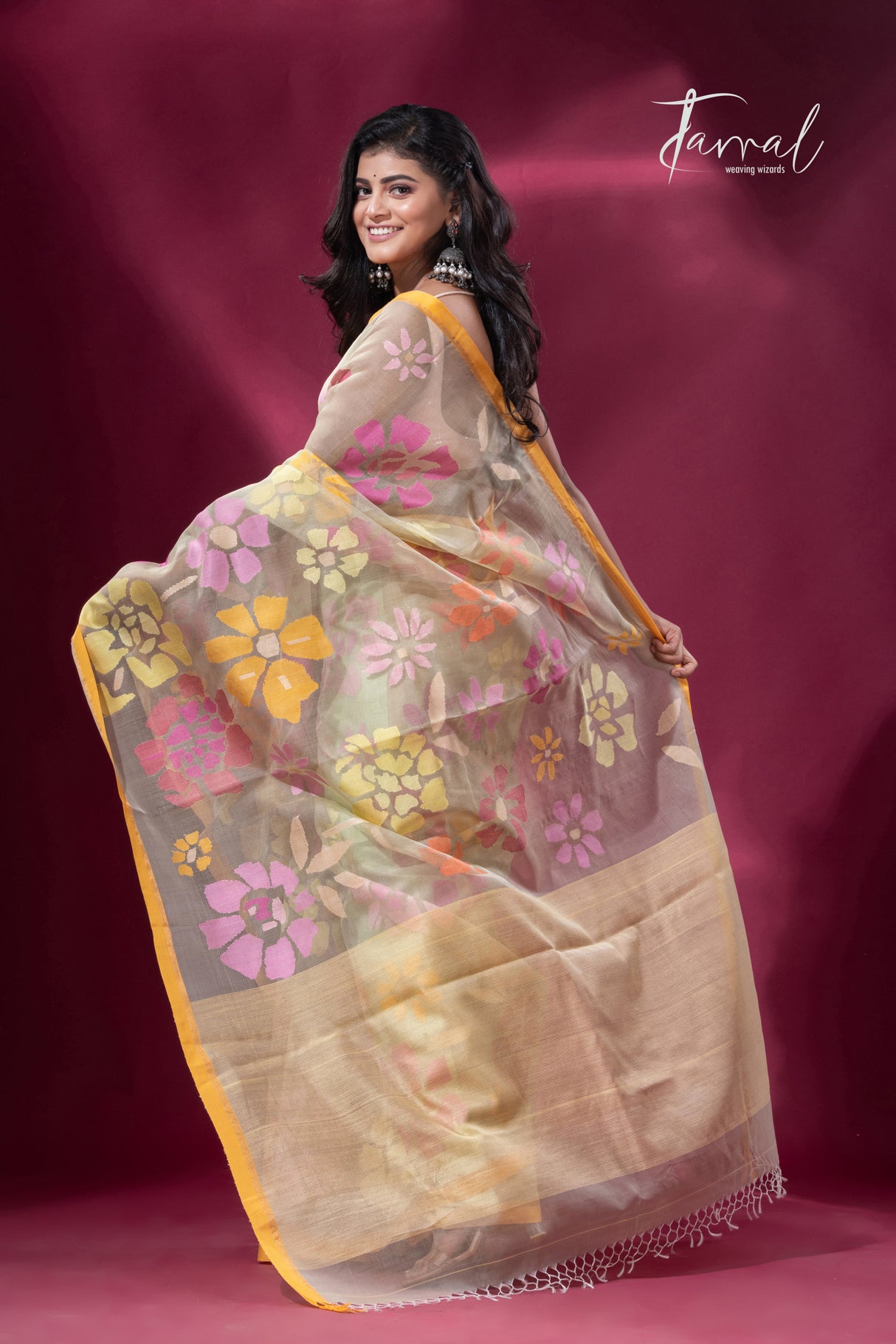 Light yellowish grey with yellow border allover floral motifs handwoven jamdani saree