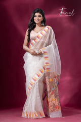 Off White with Multicolor parrot paithani temple border pure muslin silk handwoven jamdani saree