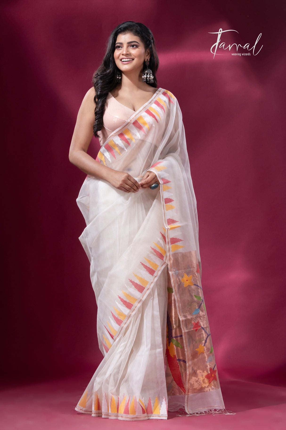 Off White with Multicolor parrot paithani temple border pure muslin silk handwoven jamdani saree