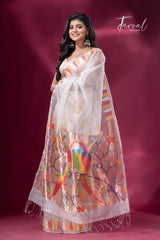 Off White with Multicolor parrot paithani temple border pure muslin silk handwoven jamdani saree