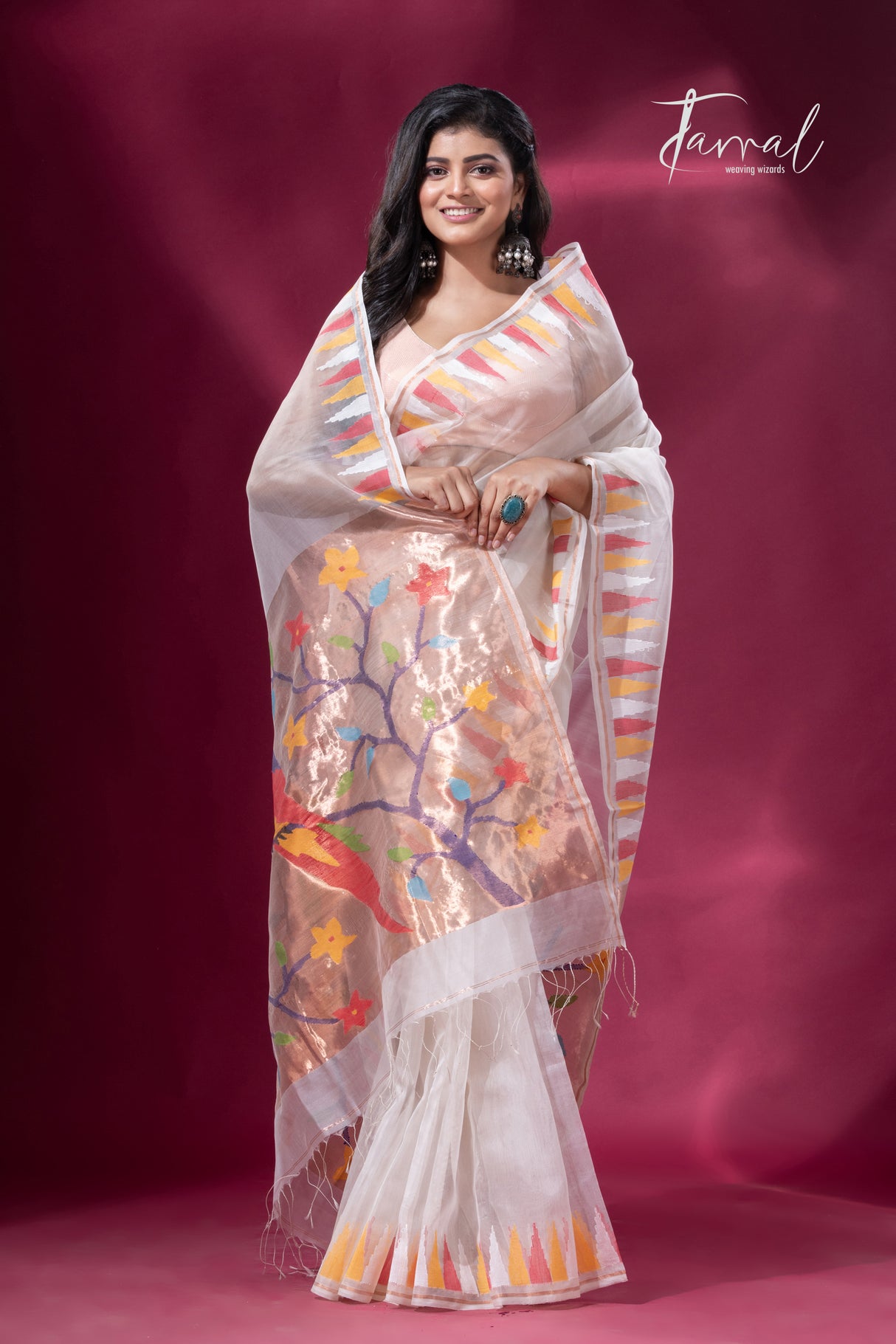 Off White with Multicolor parrot paithani temple border pure muslin silk handwoven jamdani saree