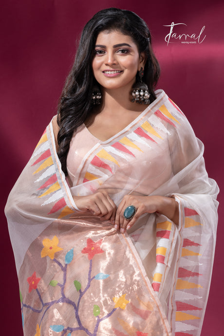 Off White with Multicolor parrot paithani temple border pure muslin silk handwoven jamdani saree