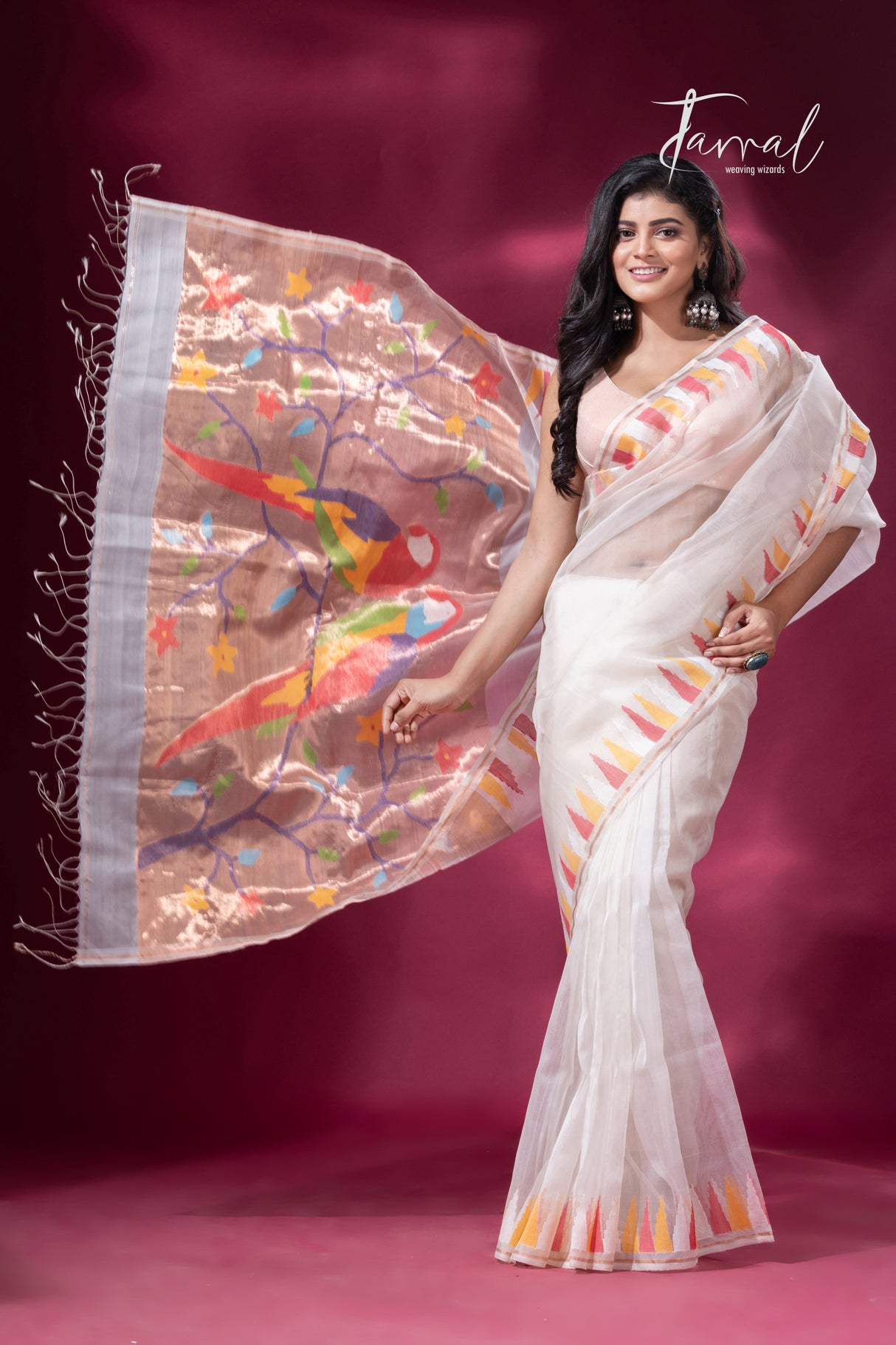 Off White with Multicolor parrot paithani temple border pure muslin silk handwoven jamdani saree