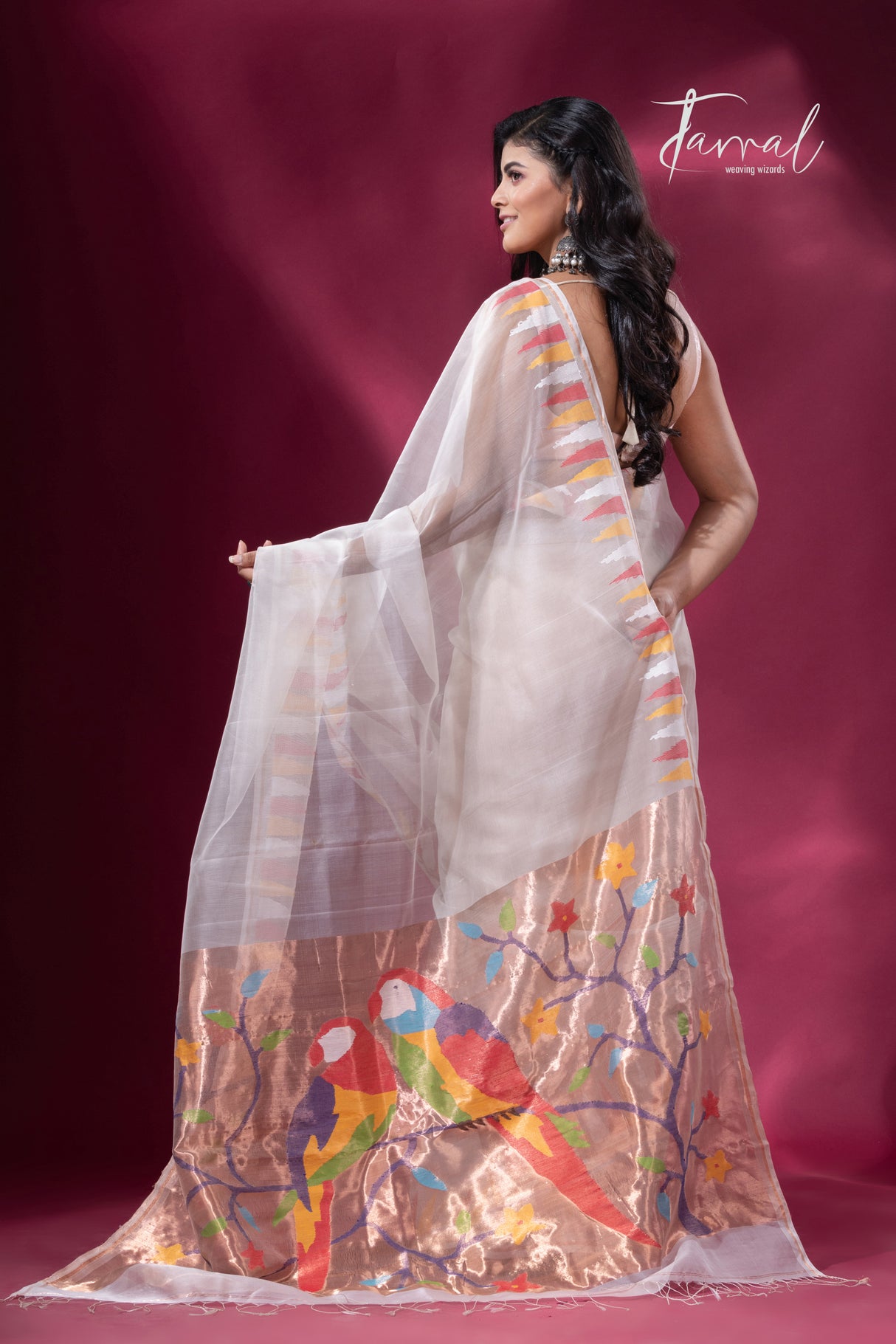 Off White with Multicolor parrot paithani temple border pure muslin silk handwoven jamdani saree