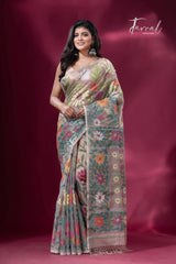 Offwhite with multicolour allover sunflower motifs muslin silk handwoven jamdani saree