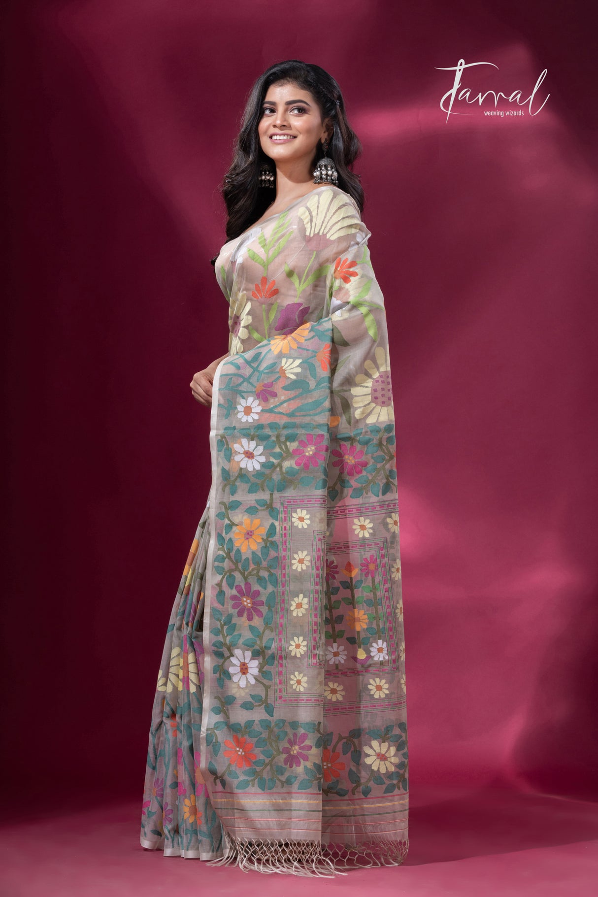 Offwhite with multicolour allover sunflower motifs muslin silk handwoven jamdani saree