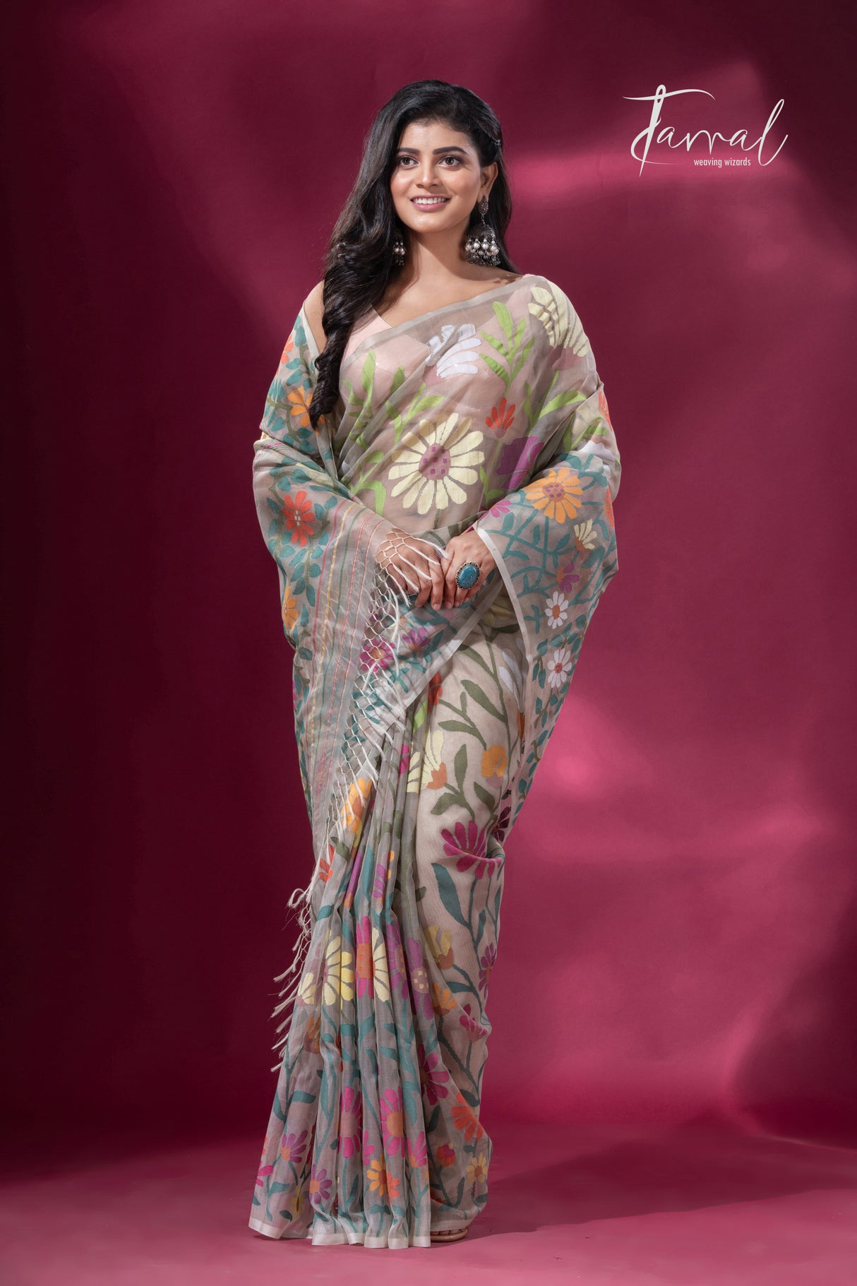 Offwhite with multicolour allover sunflower motifs muslin silk handwoven jamdani saree