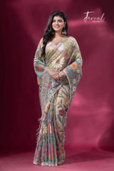 Offwhite with multicolour allover sunflower motifs muslin silk handwoven jamdani saree