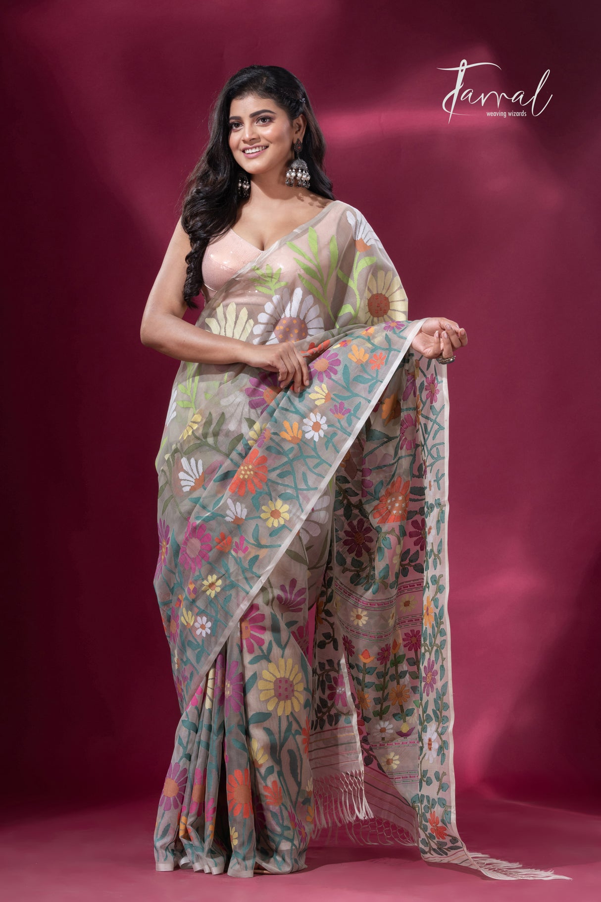 Offwhite with multicolour allover sunflower motifs muslin silk handwoven jamdani saree